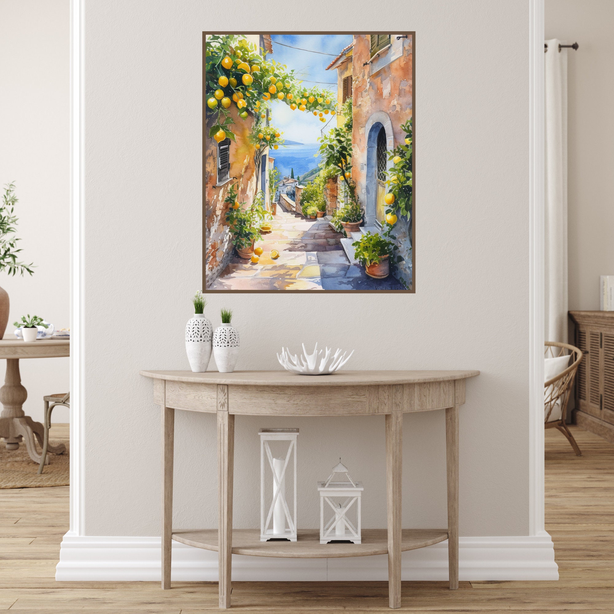 地中海の水彩画 レモンの木 ウォールアート アマルフィ海岸の絵画