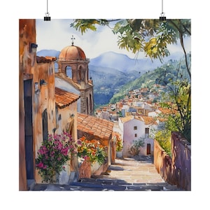 Taxco Mexican Watercolor Painting: Colonial Mexico Pueblo Mágico Art Print, Streetscape, Cityscape Print, Travel Poster