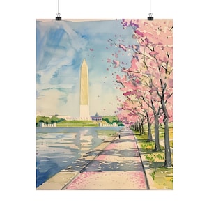 春のワシントン記念塔のアートプリント、桜が咲く DC の水彩画、ワシントン DC の壁アート、米国の都市の壁の装飾、旅行ギフト