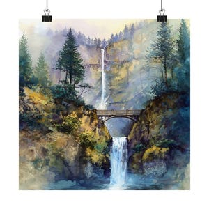 Multnomah Falls Watercolor Painting, Oregon Wall Art, Western USA Artwork, Scenic Waterfall Nature Print, Travel Poster, Travel Gift