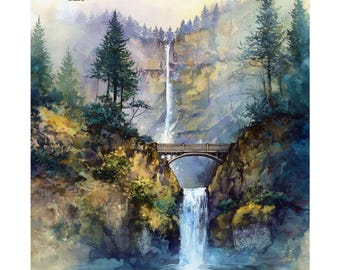 Può includere: Dipinto ad acquerello di una cascata che si getta in uno specchio d'acqua. Un ponte di legno attraversa la gola. L'opera presenta alberi verdi lussureggianti, scogliere rocciose e un'atmosfera nebbiosa, con una tavolozza di blu, verdi e marroni.