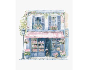 Paris Flower Shop Painting, Watercolor Print, Parisian Florist, Travel Gift, France Wall Art, French Streetscape, European Cityscape Art