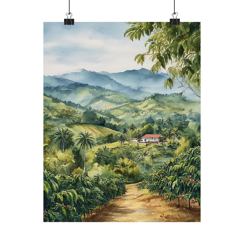 Colombian Coffee Farm Watercolor Painting: Latin America Travel Poster Gift, Colombia Landscape Art Print image 4