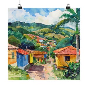 Pintura de Honduras, impresión artística de la campiña de América Central, casas coloridas en la ladera, América Latina, póster de viaje a Honduras, regalo de viaje