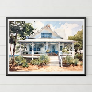 Beach House Print, Watercolor Beachhouse Art, Modern Coastal Home Vacation House Coastal Farmhouse Print, Aqua Beach, Palms Watercolor Art