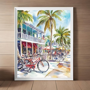 Key West Art, Duval Street Print, aquarel schilderij, Florida Keys USA muurkunst, tropisch kunstwerk, reisposter, reiscadeau downloaden