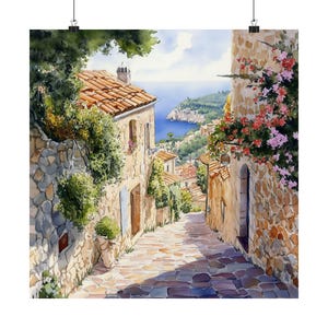 Èze Art, French Watercolor Painting, Southern France Seascape Print, Côte d'Azur, France Wall Art, Travel Poster, Travel Gift