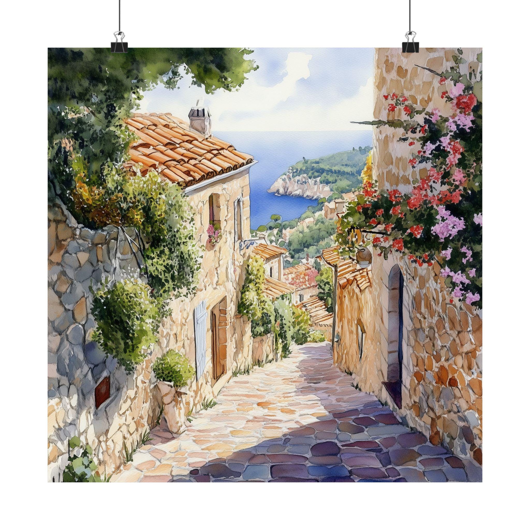 Èze Art, Französisches Aquarell , Südfrankreich Meereslandschaft, Côte d'Azur, Frankreich, Wandkunst, Reiseposter, Reisegeschenk