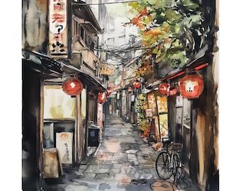 Arte de callejones de Shinjuku, pintura de acuarela de Tokio, Japón, arte mural de Tokio, paisaje urbano de Tokio, lámina de Tokio, póster de viaje japonés, regalo de viaje de Tokio