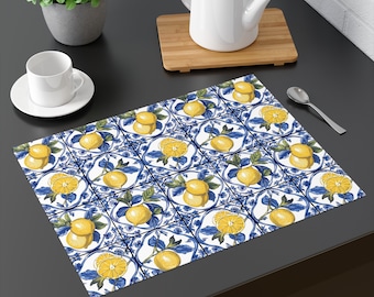 Italian Lemon Tiles Placemat, Lemons Placemat, Mediterranean Kitchen Decor, Lemon Decor, Citrus Dining Decor