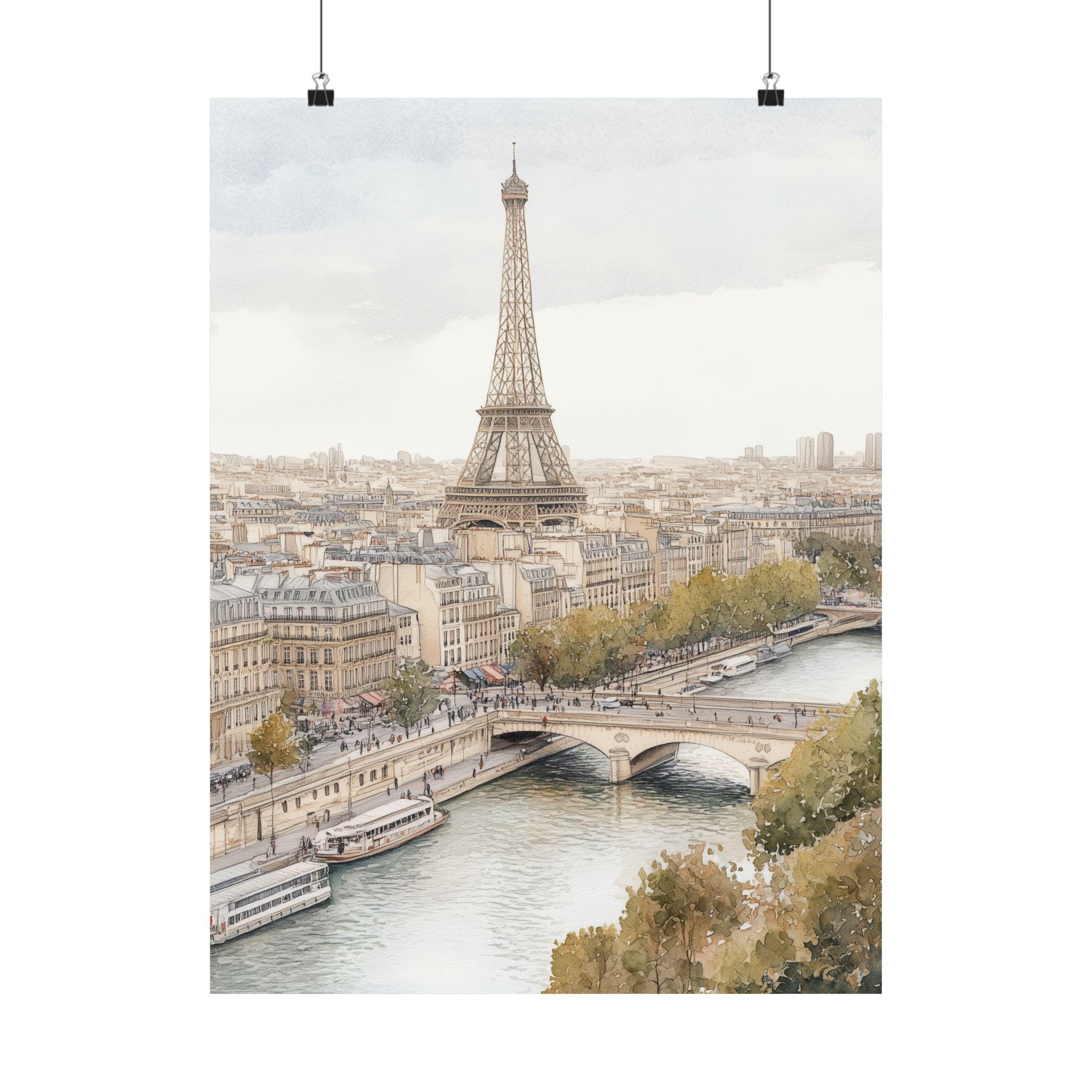 パリの水彩画プリント：エッフェル塔、セーヌ川、フランス旅行アート
