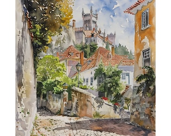 Historisches Sintra Malerei Portugal Kunstdruck, Europäisches Aquarell Kunst, Kolonial Wand Kunst Druck, Portugal Reise Kunst Europa Reise Poster Geschenk