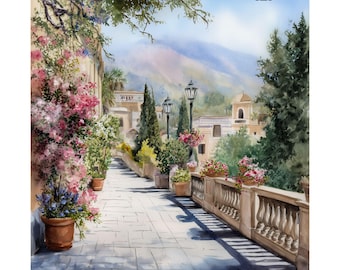 May include: Watercolor painting of a European street scene. A stone walkway leads past buildings with flowering plants in pots and along the walls. The scene includes street lamps, trees, and a mountain range in the background.