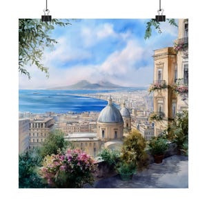 Naples Italy Watercolor Painting, Mount Vesuvius Volcano Art Print, Italian Artwork, Cityscape, Mediterranean Travel Poster, Travel Gift