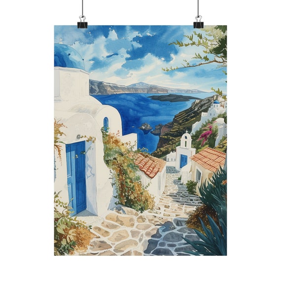 ミコノス島ギリシャ沿岸アートプリント、ギリシャ壁画、エーゲ海の風景