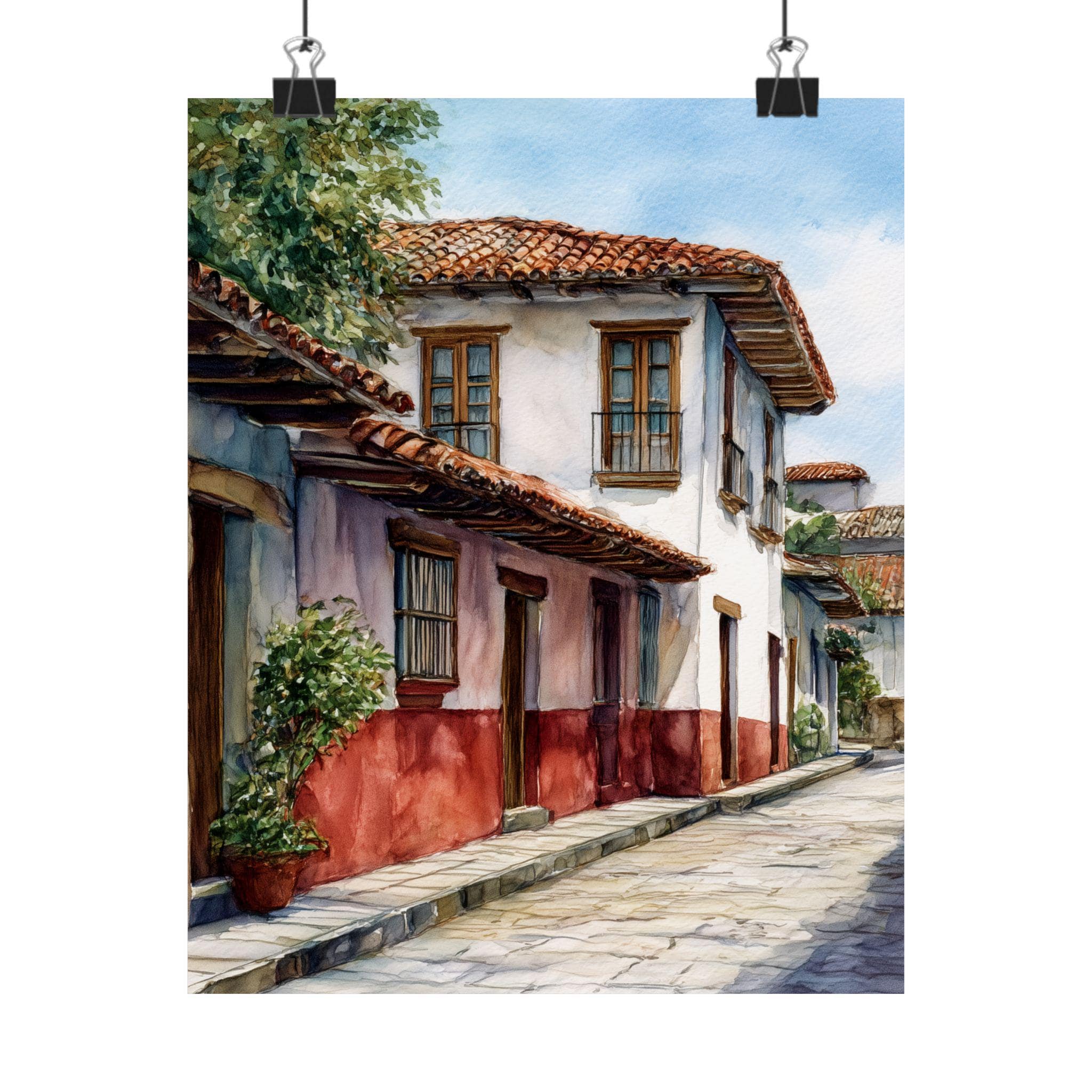 額縁込みメキシコ画家ミッドセンチュリー Michoacan Mexico Watercolor Painting: Patzcuaro Colonial