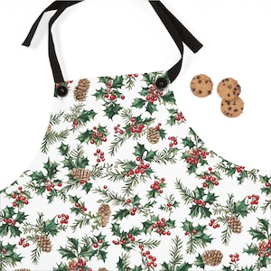 Winter Apron, Festive Holiday Aprons, Christmas Apron, Holiday Baking Gifts, Holly Berry Green Red Xmas Cook Apron, Hostess Gift for Her