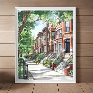 Chicago Lincoln Park Brownstone Aquarell Druck: Frühling Straßenlandschaft (Digitaler Download