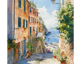 地中海の絵画 チンクエテッレのアートプリント 趣のあるイタリアの