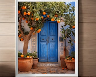 Mediterranean Orange Tree Wall Art, Rustic Blue Door Mosaic and