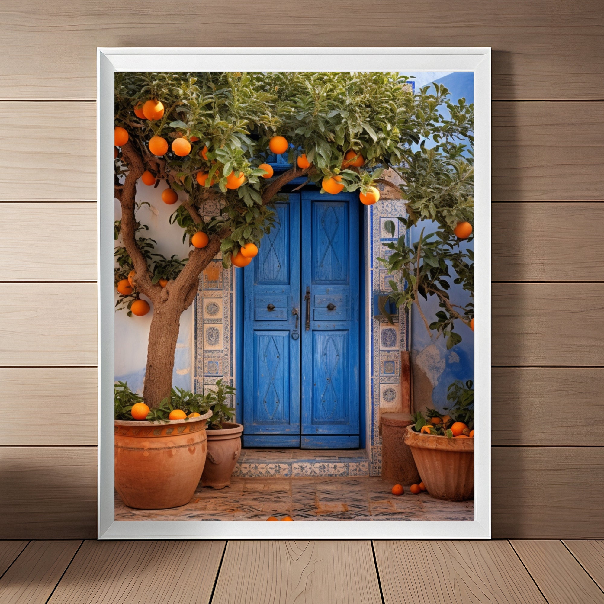 アート322　「オーガニック・プラネット(グリーンブルー)」　インテリア Mediterranean Orange Tree Wall Art, Rustic Blue Door Mosaic and