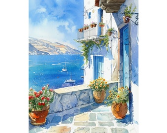 ギリシャ沿岸の海景画、ギリシャの壁画、エーゲ海の景色を望むギリシャ