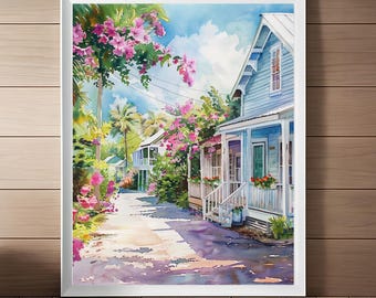 キーウェスト（フロリダキーズ）の絵画、水彩画、島のビーチアート、南フロリダのポスター、街並みのプリント、旅行アートのダウンロード