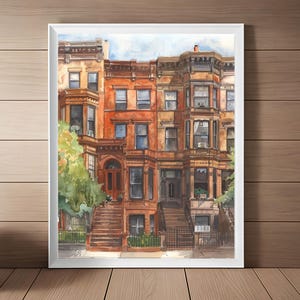 Wydruk sztuki nowojorskiej, obraz z kamienicy w Brooklynie, pejzaż uliczny NYC, sztuka ścienna z Brooklynu, plakat podróżniczy, cyfrowy prezent artystyczny z Nowego Jorku do pobrania