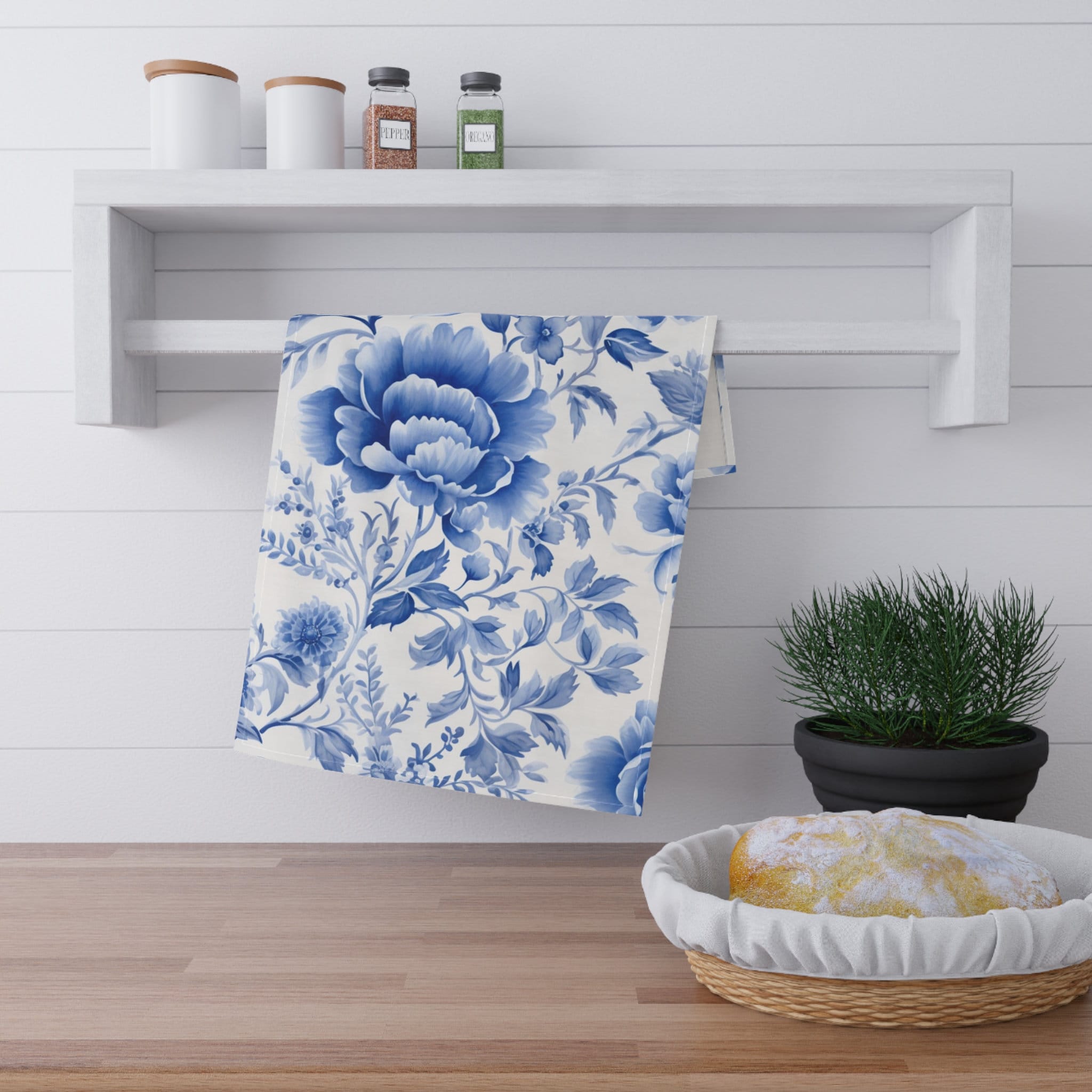 Chinoiserie Küchentücher – Blau-weißes Porzellan-Design, 40x60 Cm, Polyester, Saugfähig, Mit Rosa Schleife