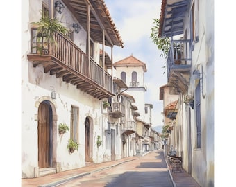 Arte da Cidade do Panamá, Pintura em Aquarela do Panamá, Presente de Viagem para a América Central, Arte de Parede do Panamá, Paisagem Urbana Colonial, Pôster de Viagem para a América Latina