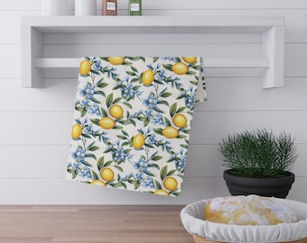 Italienisches Zitronen Geschirrtuch, Zitronen Blumen Küchentuch, Blaues und Gelbes Küchentuch, Zitronen Dekor, Zitronen Küchen Dekor Einweihungsgeschenk Set