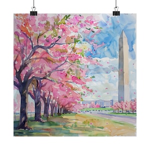 ワシントン記念塔の絵画、桜のアート、春のワシントン DC 風景の壁アート、桜の木の水彩画アートプリント米国旅行ポスター