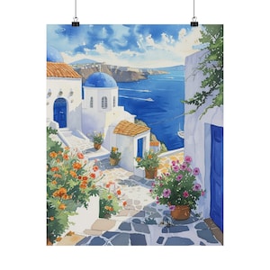 Seaside Santorini Greece Art Print, Watercolor Aegean Sea Landscape Wall Art, Greek White Houses with Blue Domes overlooking Azure Coast