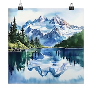 Alaska Watercolor Print, Lakeside Painting, Alaskan Glaciers and Fir Trees Artwork, Mountain Reflection Art Print, Landscape Travel Art