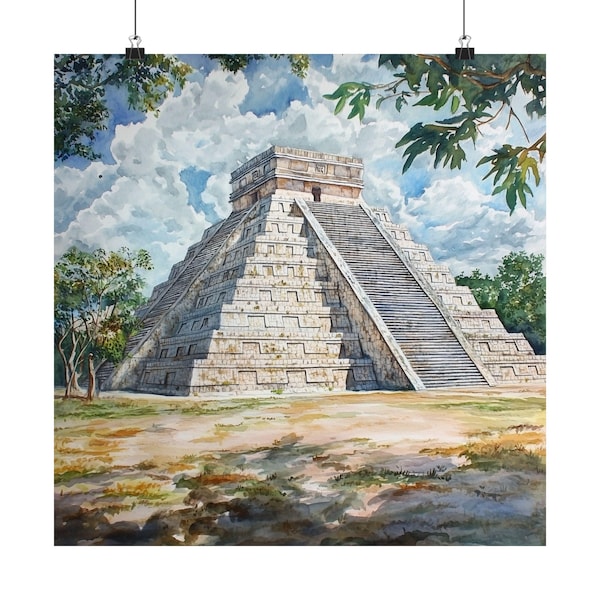 Chichen Itza Watercolor Art Print: Mayan Pyramid, Yucatan Travel Poster