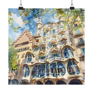 Barcelona Painting Gaudi Architecture Print, Casa Batlló Gaudí House Art, Spain Wall Art, Spanish Architecture Artwork