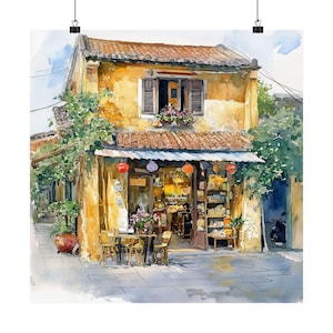 Pintura de acuarela de Hoi An, impresión de restaurante del casco antiguo, arte mural vietnamita, regalo de viaje a Vietnam, póster de viaje con decoración de pared de arquitectura asiática