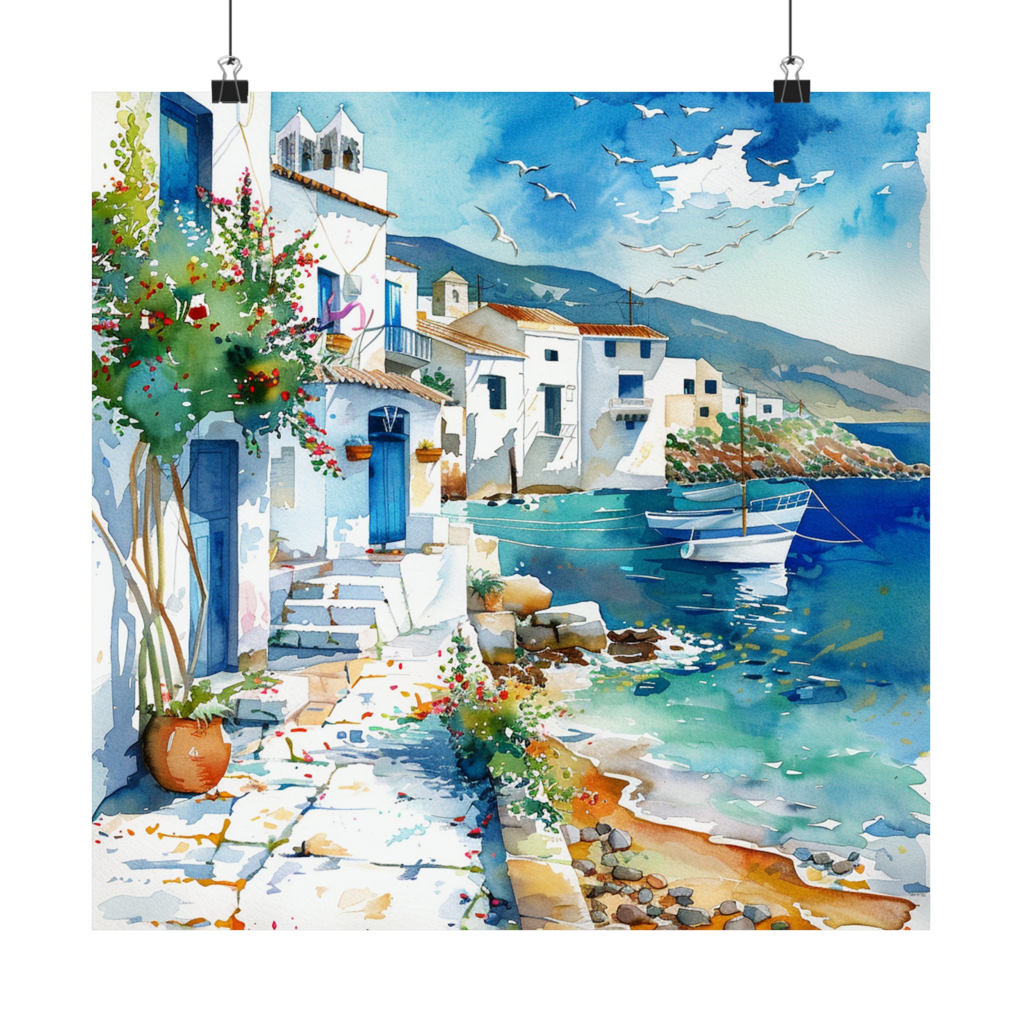 絵画　ギリシャ　スペイン　海　アート ギリシャの海景水彩画、ギリシャの島々の壁画、エーゲ海のアートワーク