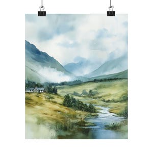 Schottland Wandbild, Scottish Highlands, Aquarell Landschaft, Misty Mountains, UK Reise Geschenk, Europa Kunst Bild 4