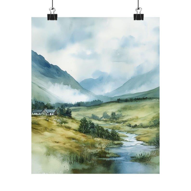 Schottland Wandbild, Scottish Highlands, Aquarell Landschaft, Misty Mountains, UK Reise Geschenk, Europa Kunst Bild 4