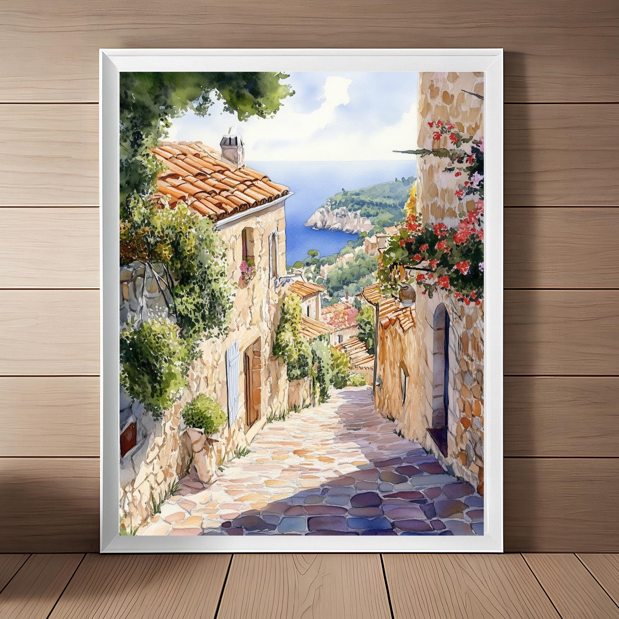 Èze Art, French Watercolor Painting, Southern France Seascape