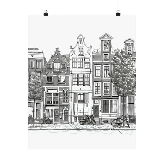 Amsterdam Art Print, Sketched Black and White Amsterdam Cityscape