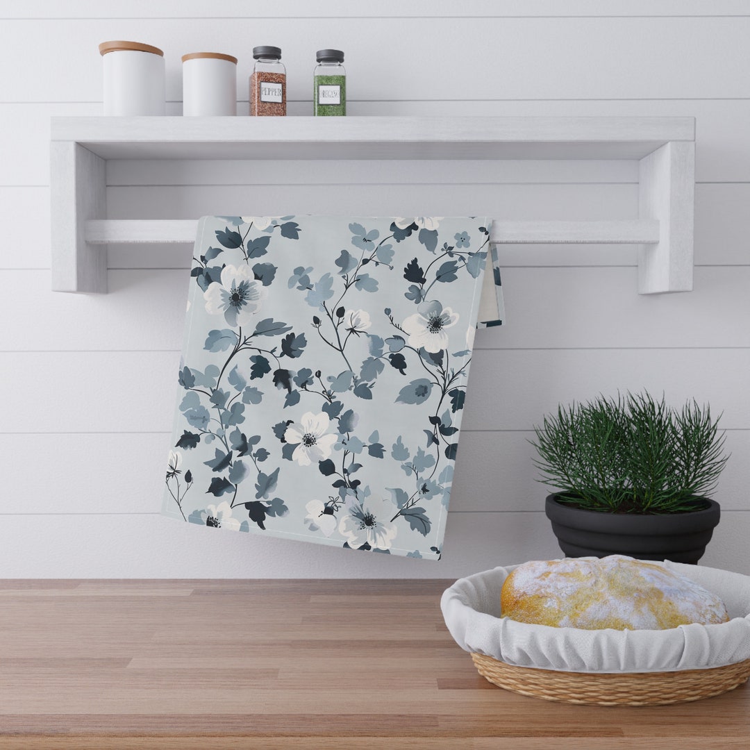 Steel Blue Gray Kitchen Towel, Floral Tea Towel, Summer Kitchen Decor