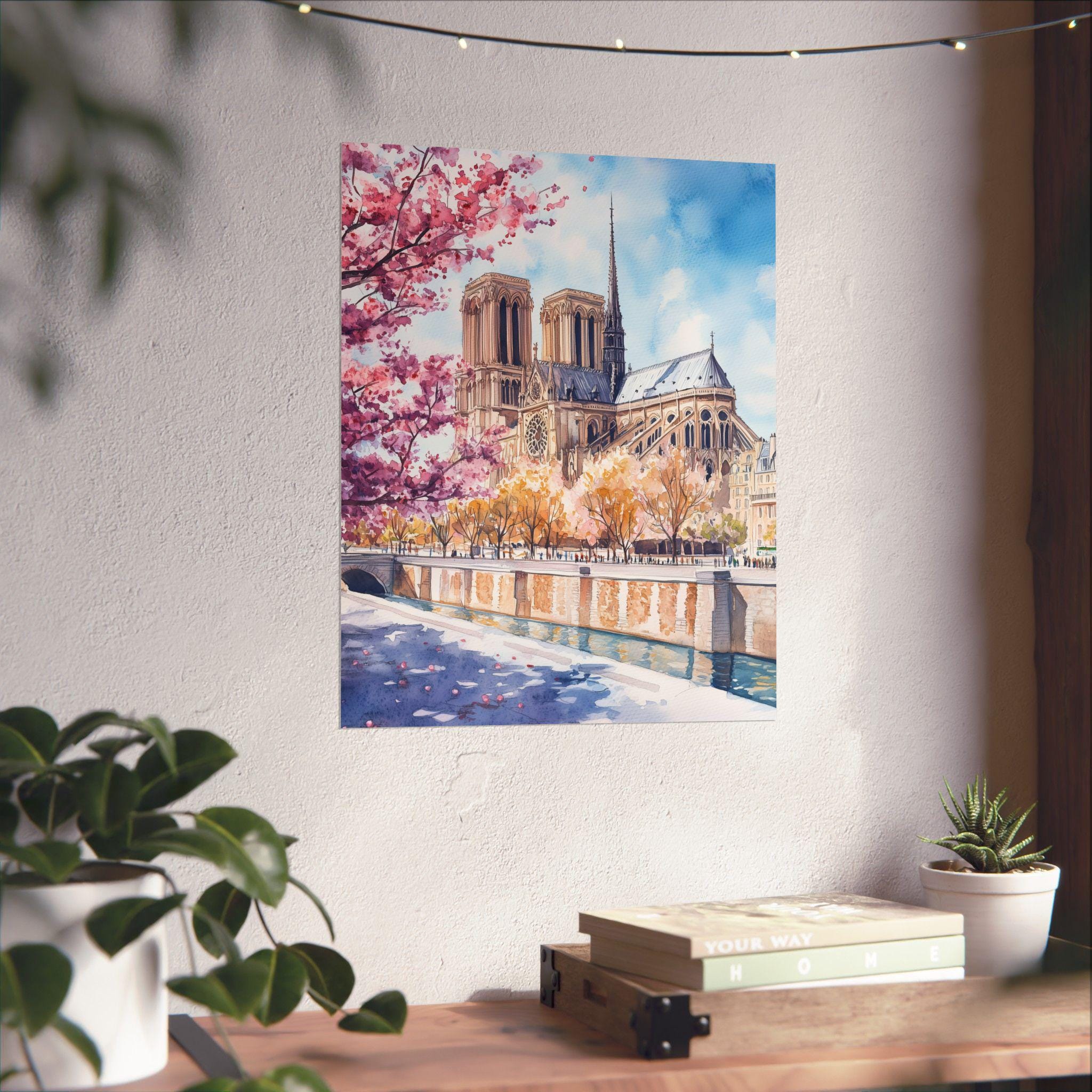 パリの水彩画プリント：ノートルダム大聖堂、セーヌ川、桜 - Etsy 日本