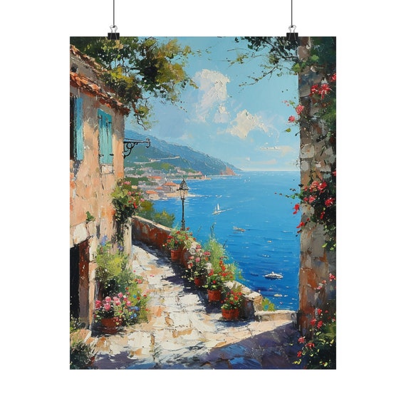 カプリ島イタリアの絵画、イタリアの海岸風景の壁画、素朴な地中海の