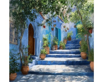 May include: A print of a blue building with a wooden door and stairs, adorned with potted plants and greenery. The artwork captures a sunny day with shadows and a vibrant color palette, evoking a Mediterranean or Moroccan aesthetic.