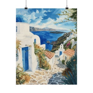 Mykonos Greece Coastal Art Print, Greek Wall Art, Aegean Sea Landscape Art, Travel Art, Mediterranean Watercolor Painting, European Poster