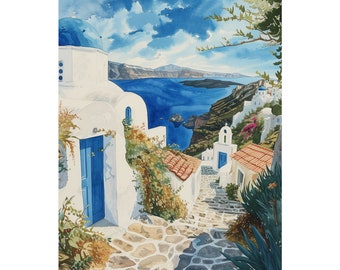 Mykonos Greece Coastal Art Print, Greek Wall Art, Aegean Sea Landscape Art, Travel Art, Mediterranean Watercolor Painting, European Poster