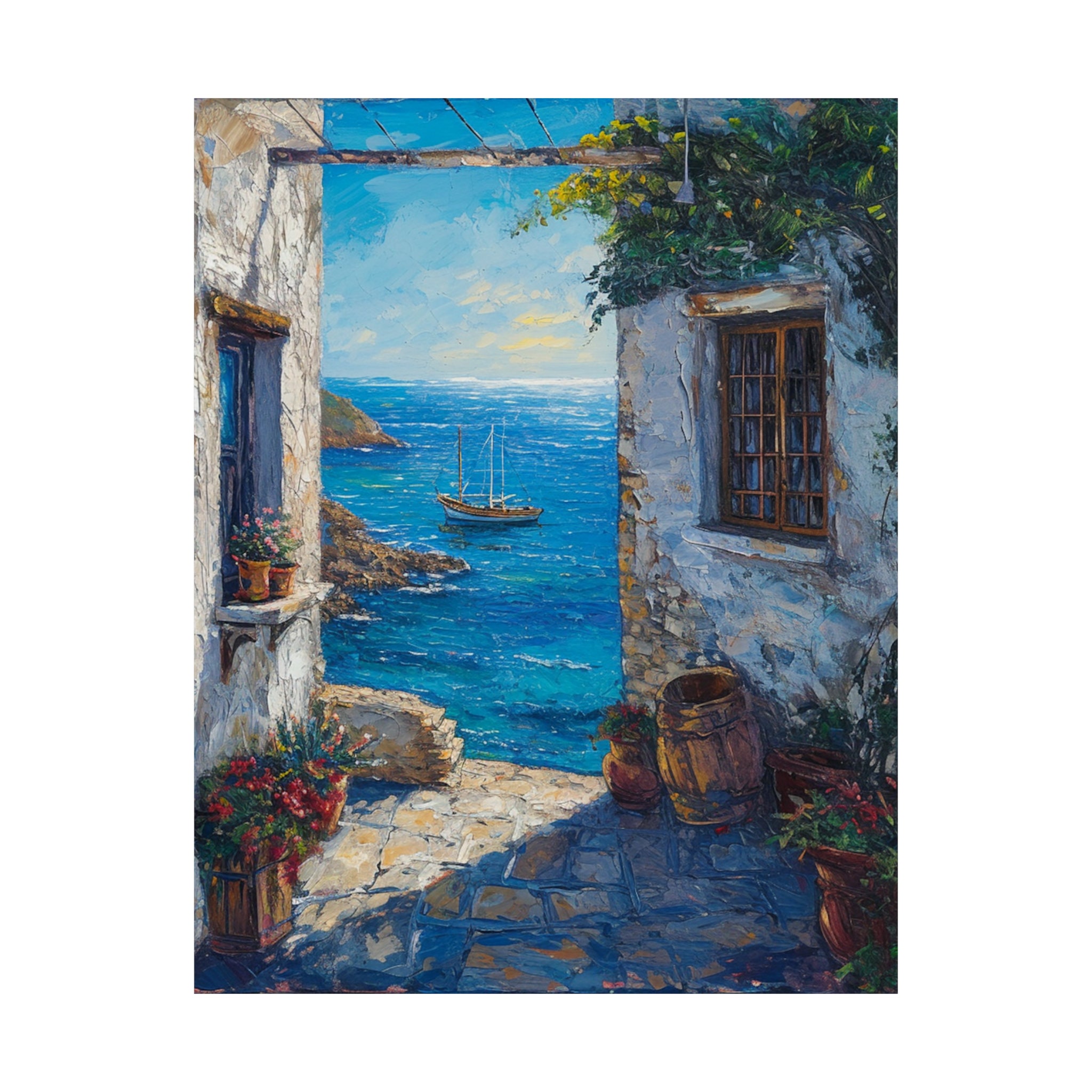 ヴィンテージのエーゲ海の絵画、伝統的なギリシャの路地の青い海の