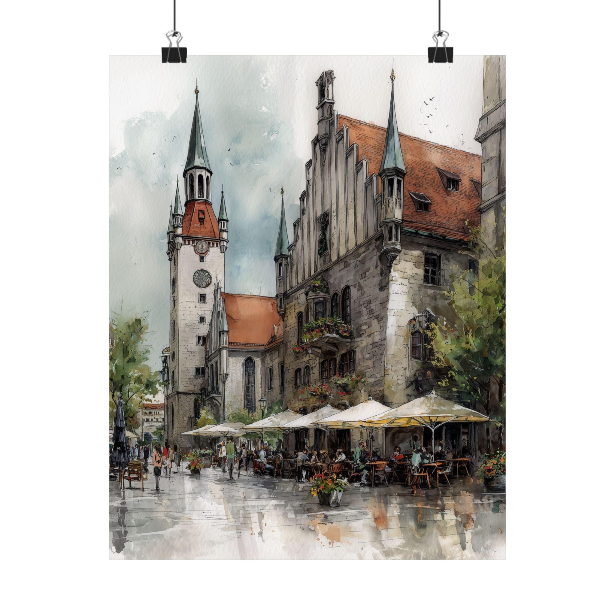 ミュンヘンストリートカフェ水彩画：ドイツ旅行ポスターギフト - Etsy 日本